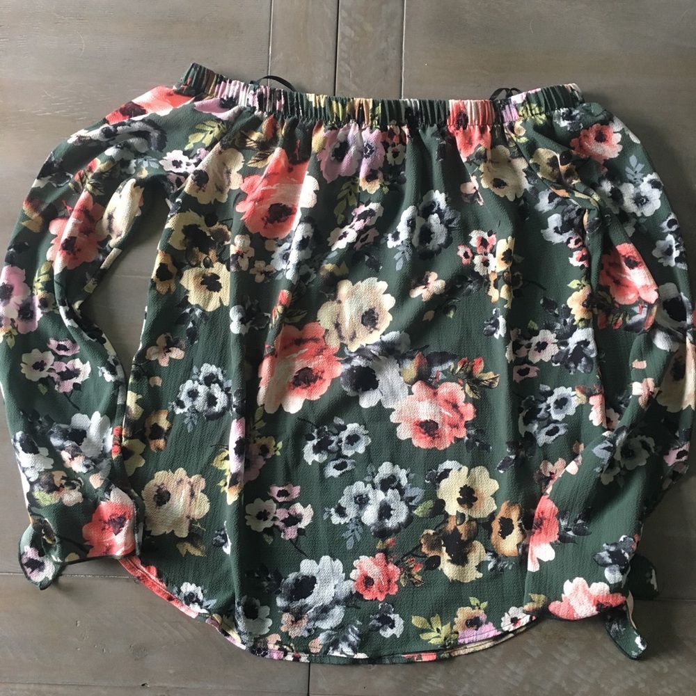 Off the shoulder green floral top with tie sleeves